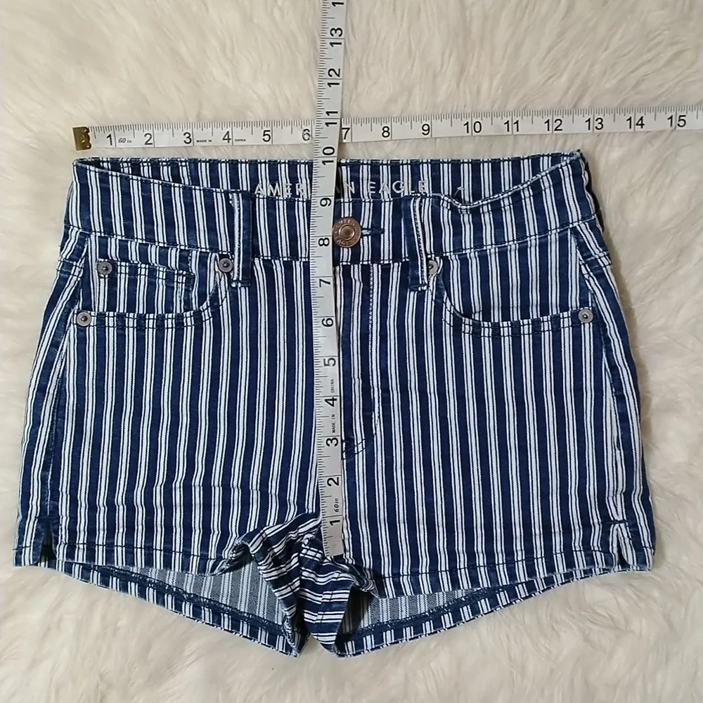 American Eagle Outfitters Navy and White Striped High-Rise Denim Shorts